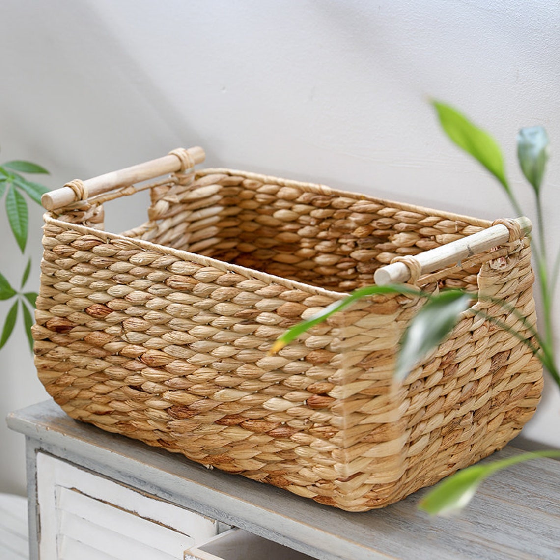 Rustic rectangular straw basket with wood handles/ laundry Etsy