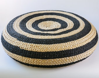 Chic handmade straw rustic poof with black and white swirl pattern Floor cushion Pouf ottoman meditation cushion  Zafu Zabuton housewarming