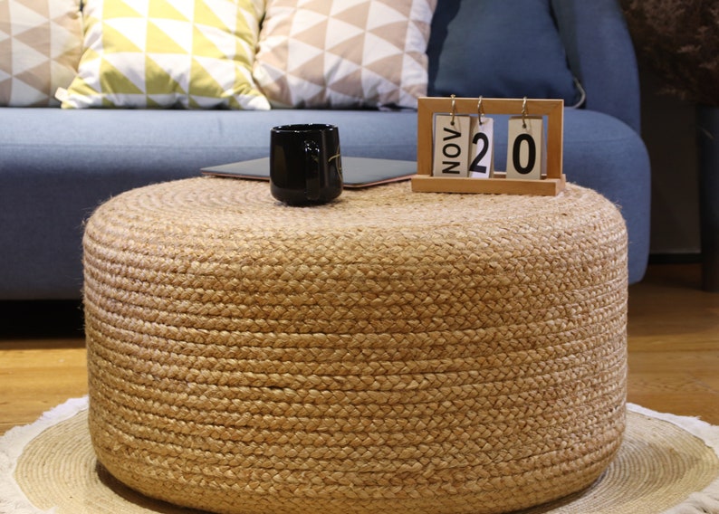 Custom size chic brown round jute coffee table jute side table coffee table straw floor pouf Pouf ottoman meditation cushion 