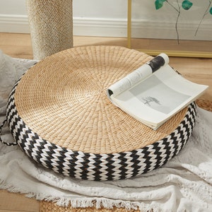 Straw round floor cushion with black and white edge Floor pouf ottoman meditation cushion Zafu Zabuton meditation pillow/sChristmas image 3