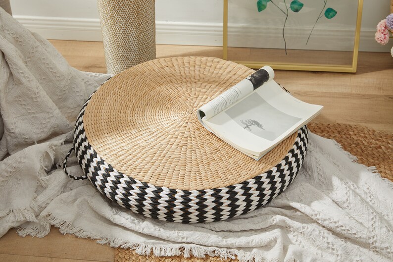 Straw round floor cushion with black and white edge Floor pouf ottoman meditation cushion Zafu Zabuton meditation pillow/sChristmas image 3