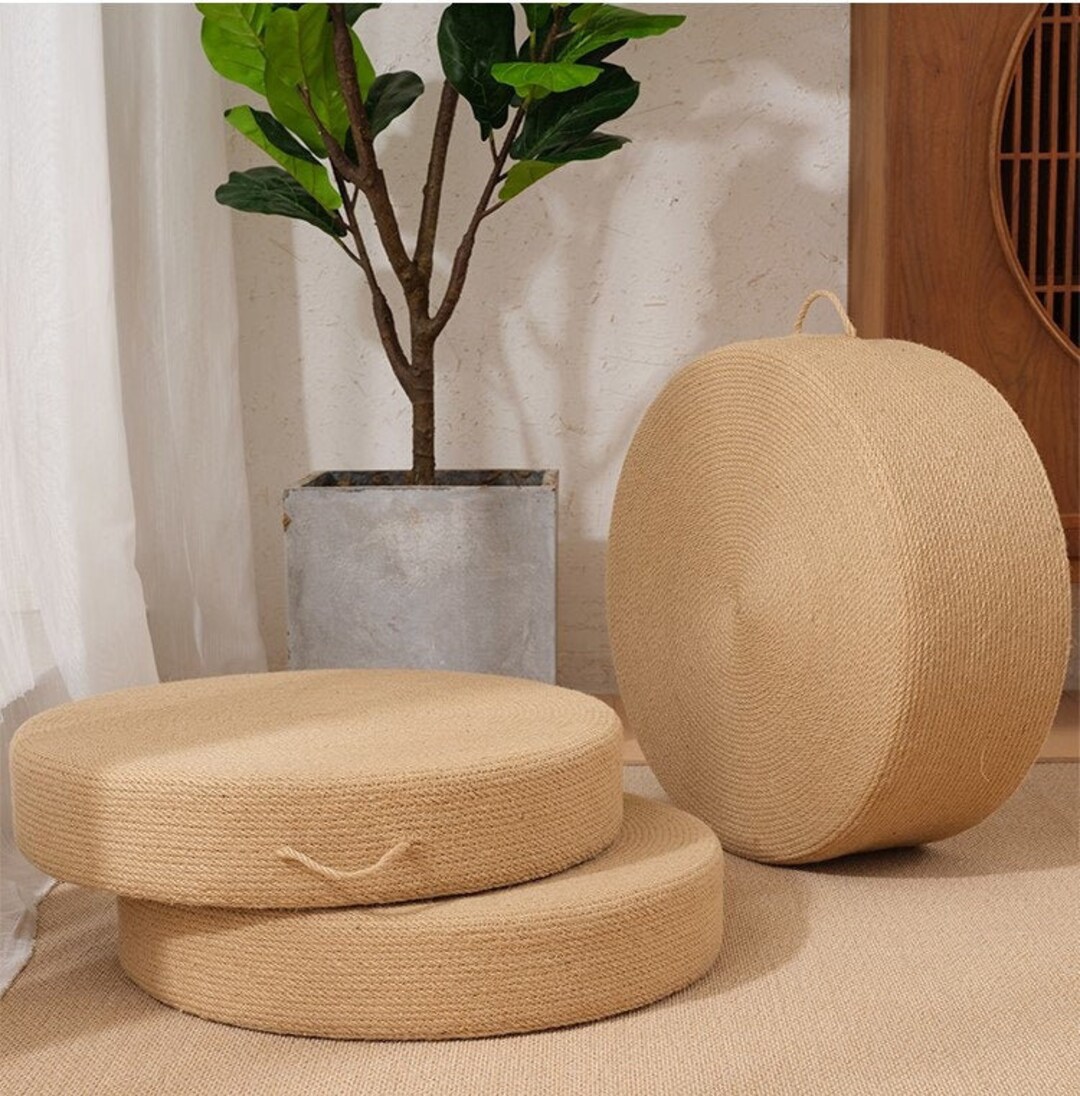 Rustic Round JUTE Floor Cushion With Handle Straw Floor Pouf Etsy