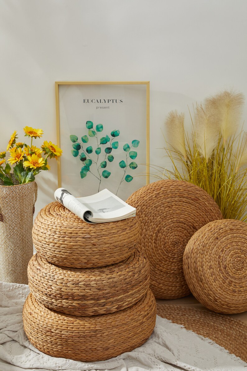 Round Rustic Floor Cushions Straw Floor Pouf Pouf Ottoman Yoga Etsy