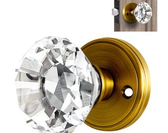 Crystal Door Knob Set with Pure Crystal Glass Knobs, Clear, Solid Antique Brass Gold Base with Antique Door Pull, Pulls and Knobs for Doors