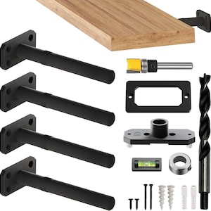 May include: A set of four black metal floating shelf brackets, a wooden shelf board, a router bit, a rectangular mounting plate, a leveling tool, a drill bit, a circular collar, and various screws and wall anchors for installation hardware.