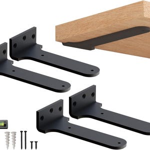 May include: A set of four matte black metal L-shaped shelf brackets with pre-drilled mounting holes. The kit includes a small spirit level, a drill bit, wall anchors, and various screws, shown alongside a wooden shelf board installation example.