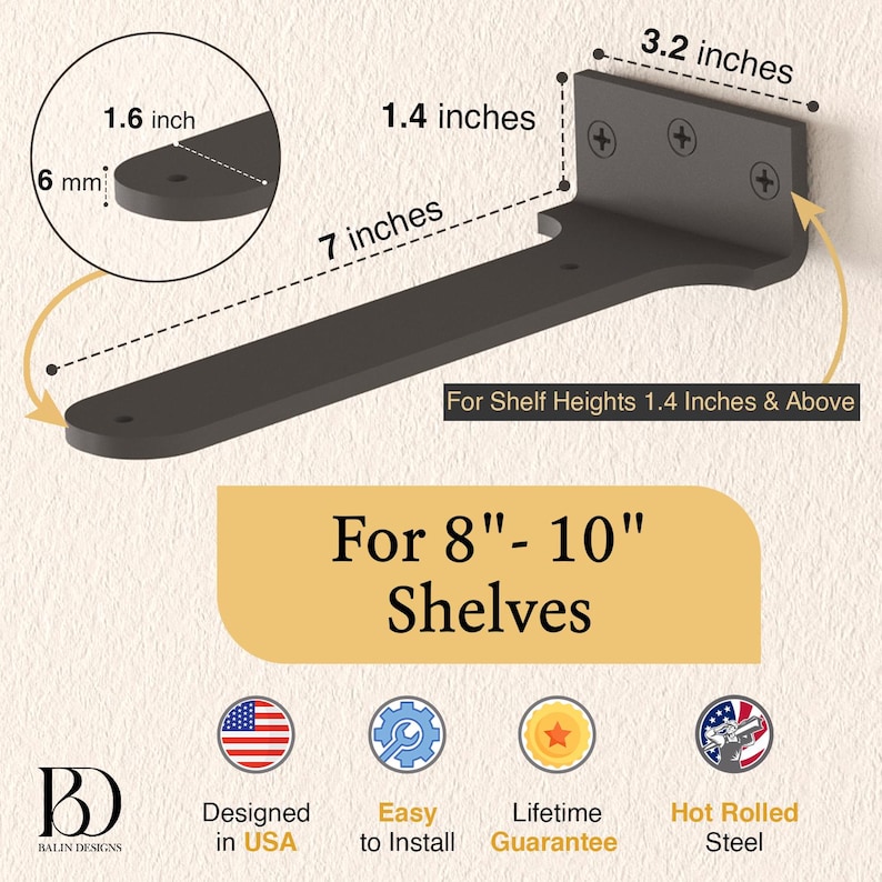 Hidden Float Shelf Bracket Black, Heavy Duty L Shelf Bracket, Floating Countertop Bracket, Farmhouse Rustic, Metal Hidden Wall Bracket 7" Set of 4