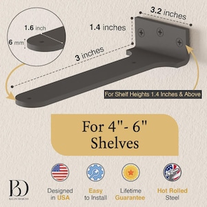 Hidden Float Shelf Bracket Black, Heavy Duty L Shelf Bracket, Floating Countertop Bracket, Farmhouse Rustic, Metal Hidden Wall Bracket 3" Set of 4