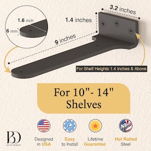 Hidden Float Shelf Bracket Black, Heavy Duty L Shelf Bracket, Floating Countertop Bracket, Farmhouse Rustic, Metal Hidden Wall Bracket 9" Set of 4