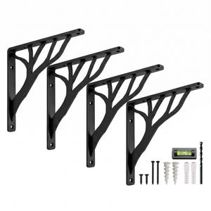 May include: Four black metal shelf brackets featuring a tree branch design. Each bracket has pre-drilled holes for mounting. Included are a small spirit level, a drill bit, four long screws, four short screws, and four plastic wall anchors for installation.