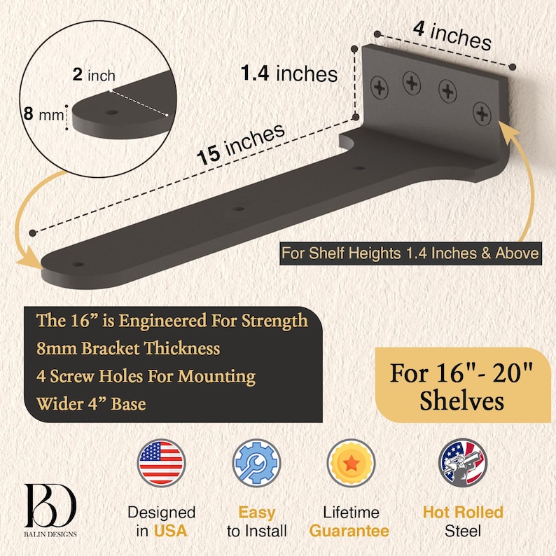 Hidden Float Shelf Bracket Black, Heavy Duty L Shelf Bracket, Floating Countertop Bracket, Farmhouse Rustic, Metal Hidden Wall Bracket 15" Set of 4