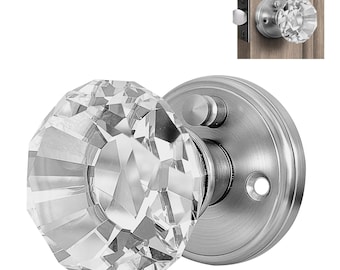 Crystal Door Knob Set with Pure Crystal Glass Knobs, Clear, Solid Satin Nickel Silver Base with Antique Door Pull, Pulls and Knobs for Doors