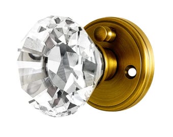 Crystal Door Knob Set with Pure Crystal Glass Knobs, Clear, Solid Antique Brass Gold Base with Antique Door Pull, Pulls and Knobs for Doors