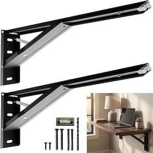May include: Two black metal folding shelf brackets with a triangular support arm and a wall-mounting plate featuring multiple slots. Included are a small spirit level, a drill bit, and various screws and wall anchors for installation purposes.