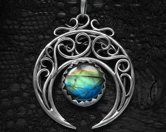 Pagan witchy wicca LUNITSA Labradorite pendant crescent moon elven esoteric magic witchcraft necklace Lunula protective wiccan witch pendant