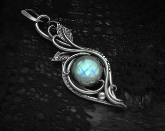 Elven Moonstone Leaf Pendant Elvish Nature Jewelry Fantasy Handmade OOAK Gift Moonlight Talisman Wiccan Pagan Necklace Amulet Witch pendant