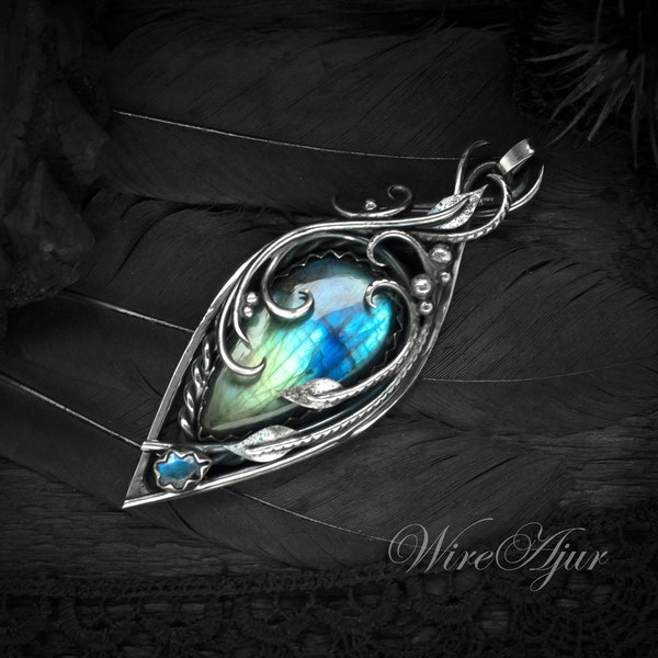 Fil enroulé labradorite pendentif noces d’argent Saint Valentin cadeau pour cadeau petite amie pour les femmes pendentif gothique elfique de style Art Nouveau