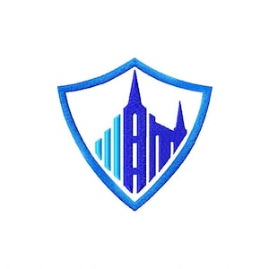 May include: A blue shield with a white background and a blue and white building inside. The building is shaped like a city skyline with a tall tower in the center. The letters "AM" are visible in the center of the building.