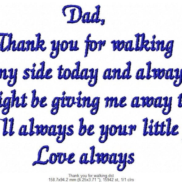 Father of the Bride Embroidery Design. handkerchief embroidery,Thank you for walking by my side. Wedding embroidery design, 5x7