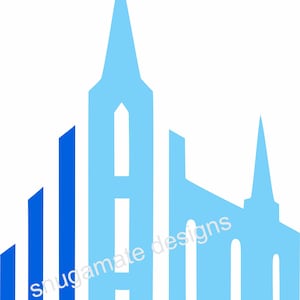 May include: A blue silhouette of a city skyline with tall buildings and a church steeple.