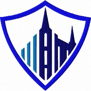 May include: A blue shield with a white background and a stylized city skyline in blue and dark blue.