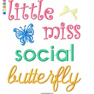 Embroidery design 5x7 Little Miss Social Butterfly, Back to school embroidery sayings, Kindergarten embroidery, Pre-K design for chatty girl