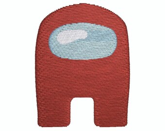 May include: A red embroidered patch featuring a character from the game Among Us. The character has a rounded top, a rectangular body with a cutout at the bottom, and a light blue oval-shaped visor. The patch is designed for application on fabric.