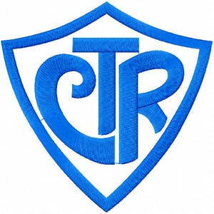 May include: A blue and white embroidered emblem featuring the letters CTR within a shield shape. The letters are in a bold, stylized font, and the emblem is outlined in blue. The background is white.