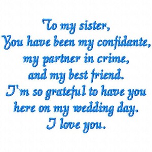 Sister Wedding Poem handkerchief embroidery design, Bride message to her Sister, 5.5x4.3 inches, Fits 5x7 hoop