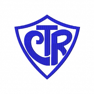 May include: A blue shield with the letters "CTR" inside, with a cross above the "T".