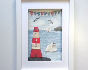Lighthouse, Beachcombed Art, Cornish Harbour Scene, Nautical Framed Wall Art, Made in Cornwall, Unusual Gift Idea