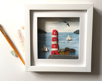 Coastal Wall Art, Lighthouse and Sailing boats, made in Cornwall, Original Gift Idea