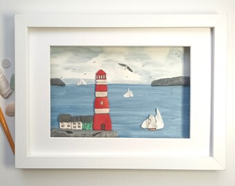 Lighthouse and Coastal Cottages, Framed Wall Decor, Beach Art, Made in Cornwall