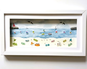 Summer Holiday Beach Scene, Coastal Wall Art, Made in Cornwall from Beachcombed Finds