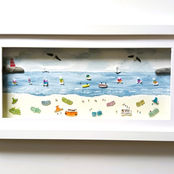 Summer Holiday Beach Scene, Coastal Wall Art, Made in Cornwall from Beachcombed Finds