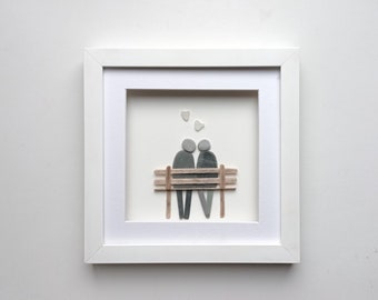 Pebble Art Couple on Bench, Unusual Valentine, Anniversary, Engagement, Retirement Gift Idea, Personalise