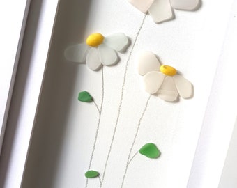 Sea Glass Art, Daisies Wild Flowers, Unusual Gifts for Her, Anniversary, Original Gift Idea, Made in Cornwall