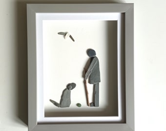 Gift for Dog Lovers, Pebble Art man and his Dog, Unusual Anniversary Gift for Him,