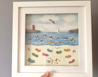 Beachcombed Art, Coastal Wall Decor, Cornish Beach Scene, Made in Cornwall, Unusual Gift Idea