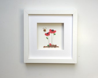 Sea Glass Poppies, Floral Wall Decor, Poppy and Bee, Red Flowers, For Her, Unusual Christmas Gift Idea