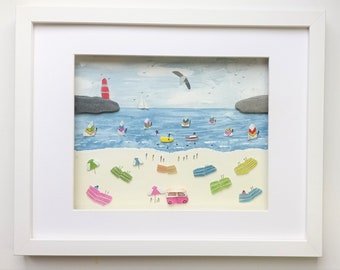 Beachcombed Wall Art, Beach Decor, Sea Glass Art, Summer Holiday Beach Scene, Made in Cornwall, Unusual Gift Idea