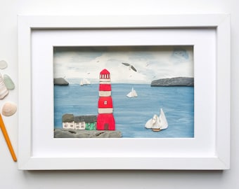 Lighthouse and Coastal Cottages, Framed Wall Decor, Beach Art, Made in Cornwall