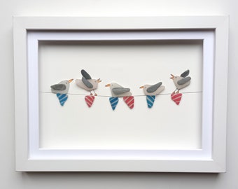 Coastal Wall Art, Seagulls on bunting, Sea Glass Art, framed humorous bathroom wall art, unusual gift idea