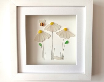 Sea Glass Art, Daisies, Framed Wall Art, Wild Flowers, Unusual Gifts For Her, Floral Wall Decor