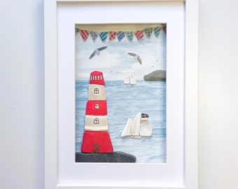 Lighthouse, Beachcombed Art, Cornish Harbour Scene, Nautical Framed Wall Art, Made in Cornwall, Unusual Gift Idea