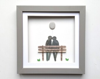 Pebble Art Couple on a Bench, Unusual Valentines, Anniversary Gift, For Couples