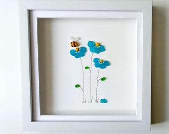 Sea Glass Forget-Me-Nots Art: Cornish Wildflower Pebble Bee Framed Art
