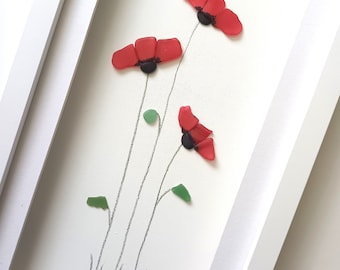 Poppies, Sea Glass Poppy in Long Frame, Unique Gifts for her, Made in Cornwall