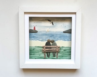 Gift for Couples, Valentines, Retirement, Anniversary, Engagement Gift, Pebble Art Couple on Bench by the Sea, Made in Cornwall