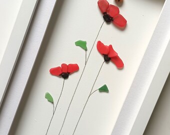 Poppies, Sea Glass Poppy in Long Frame, Unique Gifts for her, Made in Cornwall